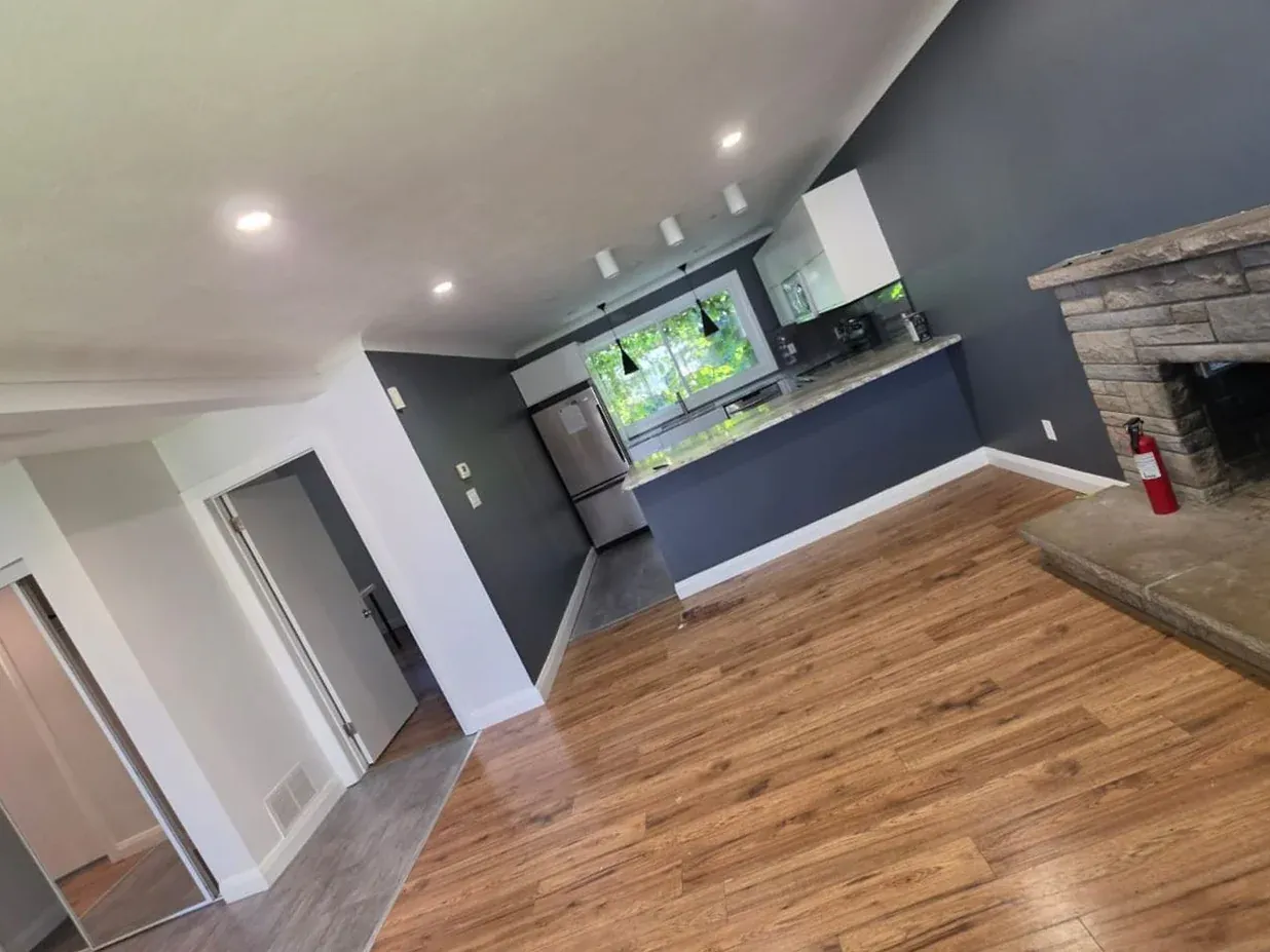 Finished basement family room with a stone fireplace, navy accent wall, and wood-look plank flooring